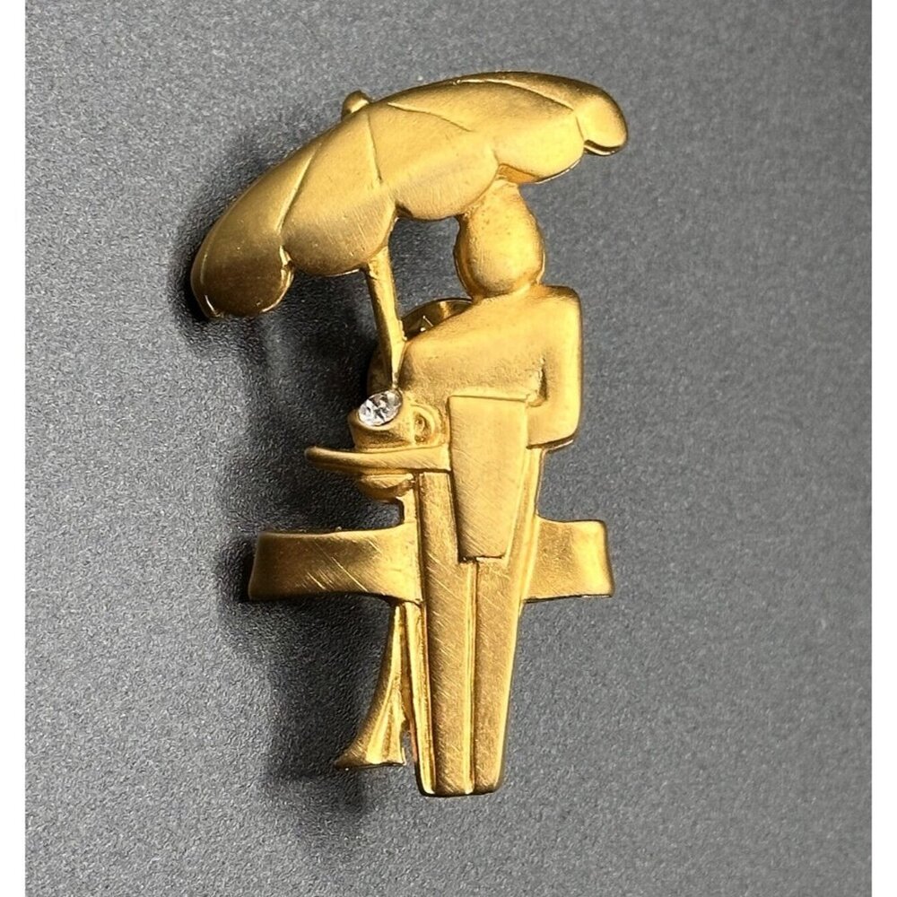 Signed Brushed Goldtone Waiter Waitress With Towel Under Umbrella Pin Brooch